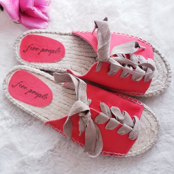 NEW Free People Lolly Lace-Up Espadrille Flat Sandals Coral Red EU 37 US 7 - Picture 3 of 8